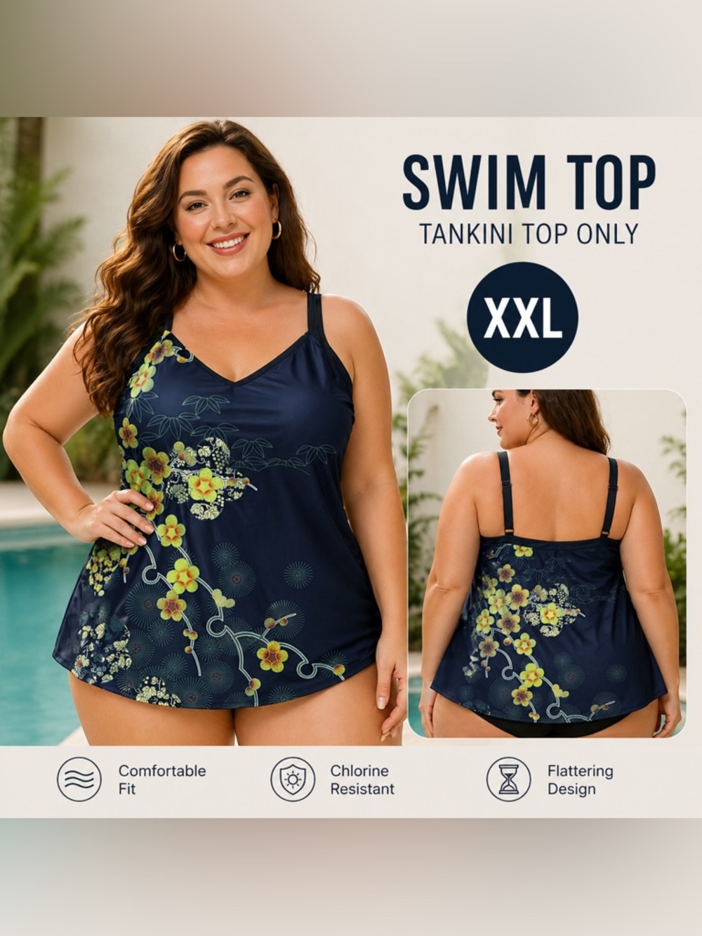 Plus Size Tankini Swim Top XXL Floral Black Tummy Control- Top only - Picture 2 of 3